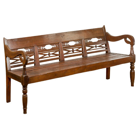 Dutch Colonial Bench with Carved Back, Scrolling Arms and Turned Baluster Legs-YN7655-1. Asian & Chinese Furniture, Art, Antiques, Vintage Home Décor for sale at FEA Home