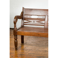 Dutch Colonial Bench with Carved Back, Scrolling Arms and Turned Baluster Legs