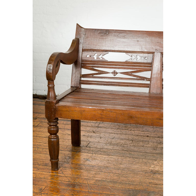 Dutch Colonial Bench with Carved Back, Scrolling Arms and Turned Baluster Legs-YN7655-3. Asian & Chinese Furniture, Art, Antiques, Vintage Home Décor for sale at FEA Home