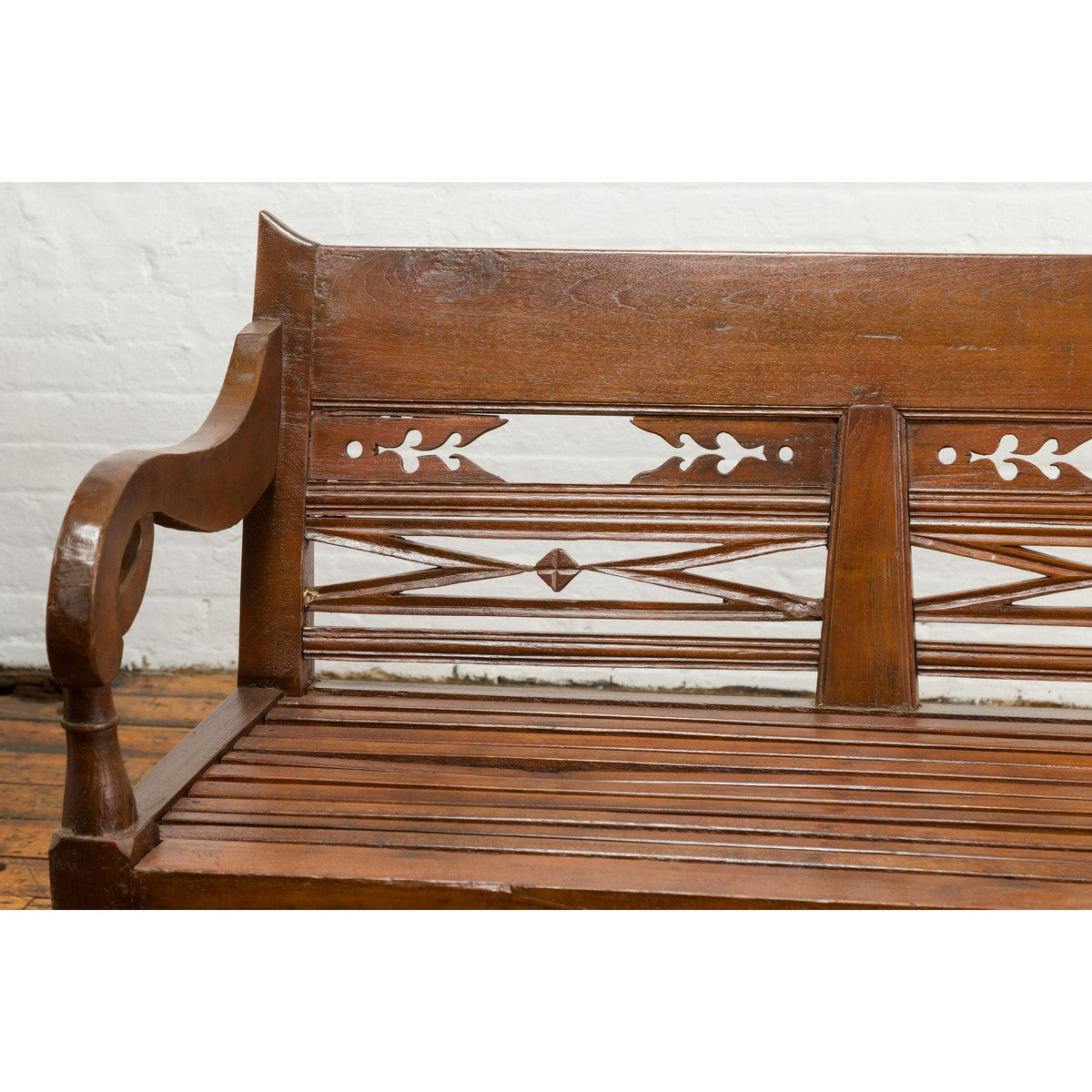 Dutch Colonial Bench with Carved Back, Scrolling Arms and Turned Baluster Legs-5. Asian & Chinese Furniture, Art, Antiques, Vintage Home Décor for sale at FEA Home