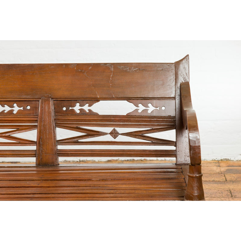 Dutch Colonial Bench with Carved Back, Scrolling Arms and Turned Baluster Legs-YN7655-8. Asian & Chinese Furniture, Art, Antiques, Vintage Home Décor for sale at FEA Home