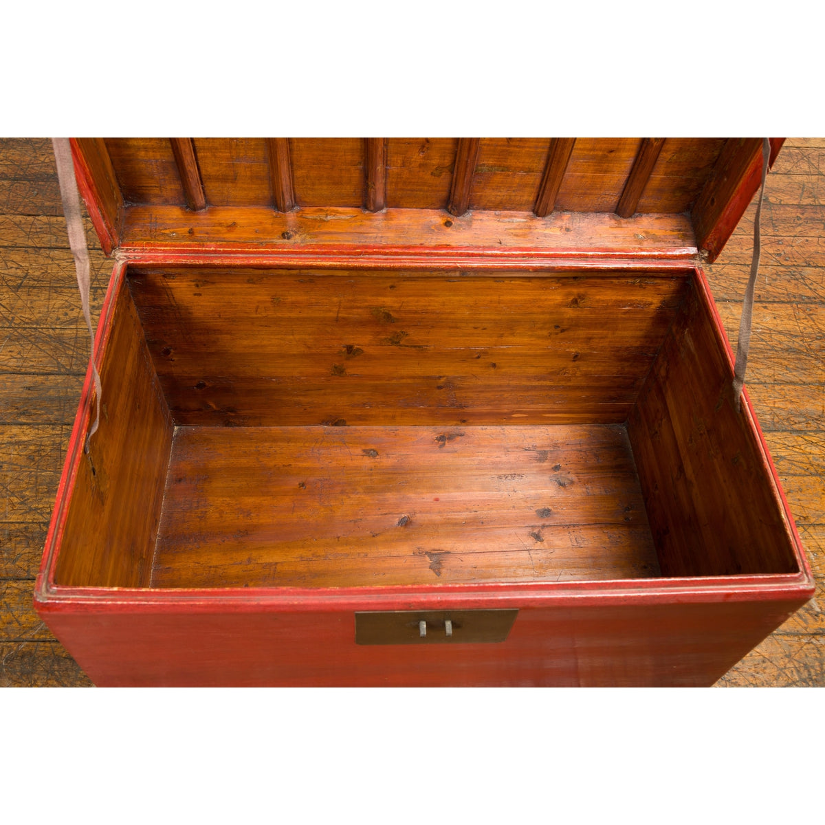 Red Vintage Wooden Trunk with Square Brass Latch-11. Asian & Chinese Furniture, Art, Antiques, Vintage Home Décor for sale at FEA Home
