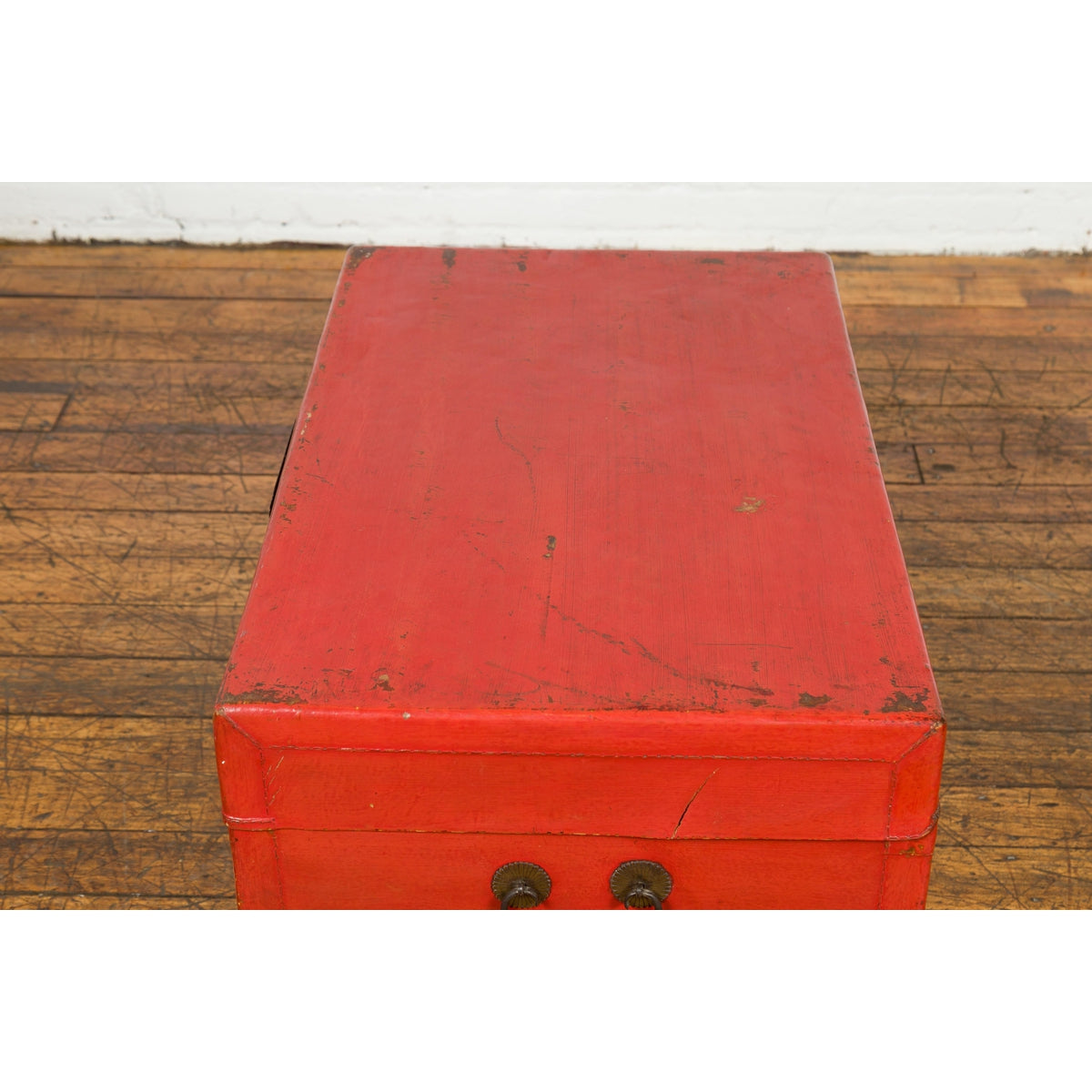 Red Vintage Wooden Trunk with Square Brass Latch-15. Asian & Chinese Furniture, Art, Antiques, Vintage Home Décor for sale at FEA Home