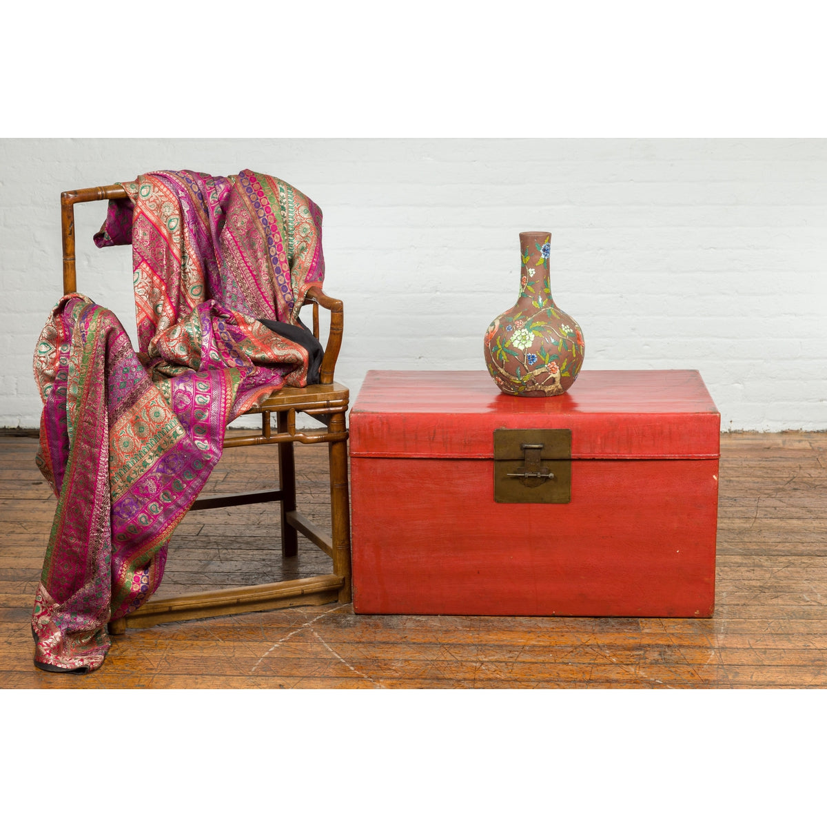 Red Vintage Wooden Trunk with Square Brass Latch-3. Asian & Chinese Furniture, Art, Antiques, Vintage Home Décor for sale at FEA Home