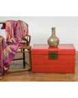 Red Vintage Wooden Trunk with Square Brass Latch-3. Asian & Chinese Furniture, Art, Antiques, Vintage Home Décor for sale at FEA Home