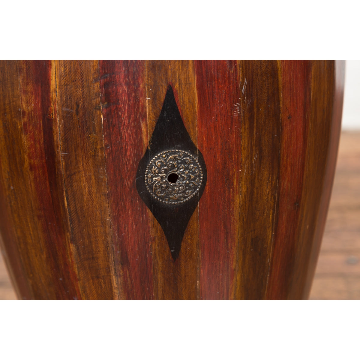 Antique Thai Two Toned Wooden Drum with Leather Top and Butterfly Motifs-12. Asian & Chinese Furniture, Art, Antiques, Vintage Home Décor for sale at FEA Home