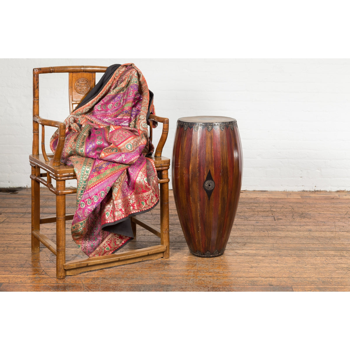 Antique Thai Two Toned Wooden Drum with Leather Top and Butterfly Motifs-2. Asian & Chinese Furniture, Art, Antiques, Vintage Home Décor for sale at FEA Home