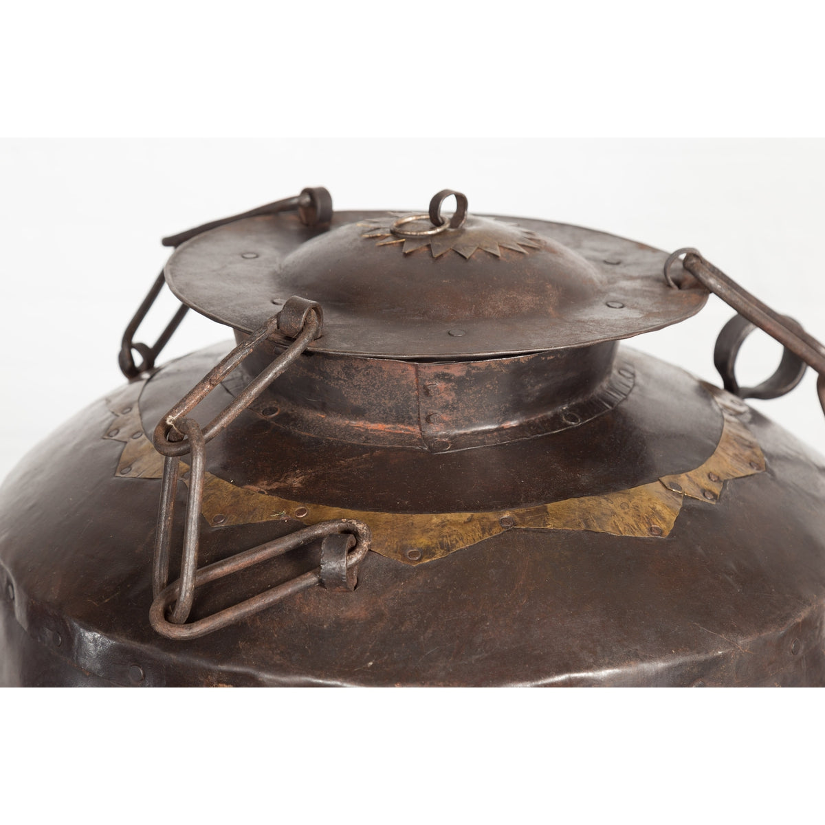 Antique Indian 19th Century Iron Lidded Water Vessel with Brass Accents-10. Asian & Chinese Furniture, Art, Antiques, Vintage Home Décor for sale at FEA Home