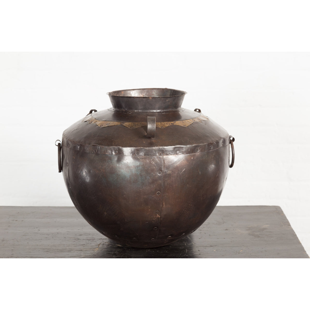 Antique Indian 19th Century Iron Lidded Water Vessel with Brass Accents-11. Asian & Chinese Furniture, Art, Antiques, Vintage Home Décor for sale at FEA Home
