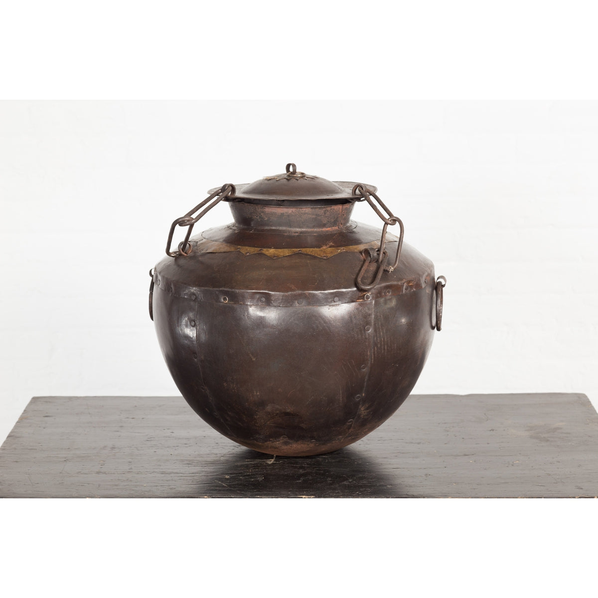 Antique Indian 19th Century Iron Lidded Water Vessel with Brass Accents-2. Asian & Chinese Furniture, Art, Antiques, Vintage Home Décor for sale at FEA Home