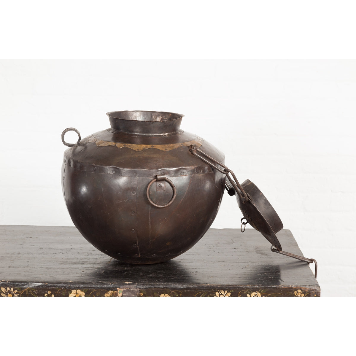 Antique Indian 19th Century Iron Lidded Water Vessel with Brass Accents-3. Asian & Chinese Furniture, Art, Antiques, Vintage Home Décor for sale at FEA Home
