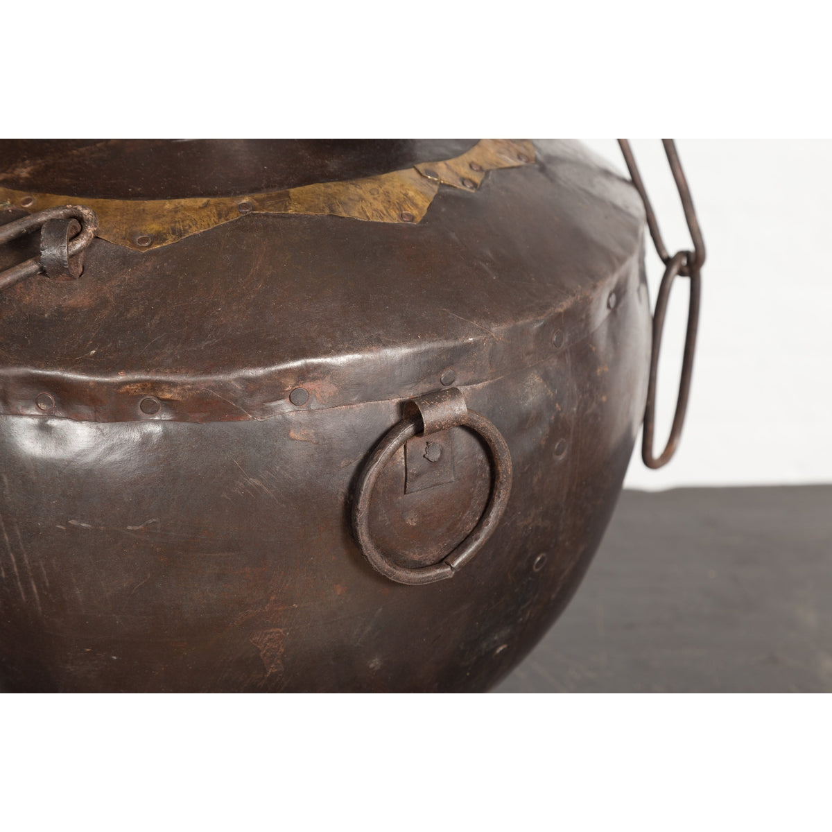 Antique Indian 19th Century Iron Lidded Water Vessel with Brass Accents-9. Asian & Chinese Furniture, Art, Antiques, Vintage Home Décor for sale at FEA Home