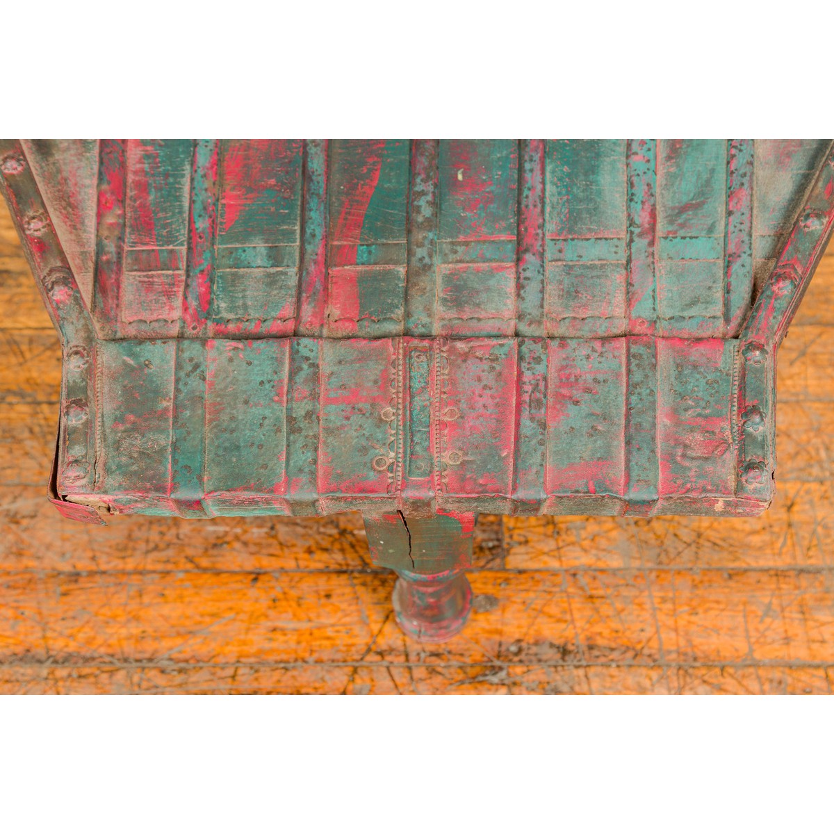 Rustic Red and Green Coffee Table with Trapezoidal Top and Iron Stretchers-10. Asian & Chinese Furniture, Art, Antiques, Vintage Home Décor for sale at FEA Home