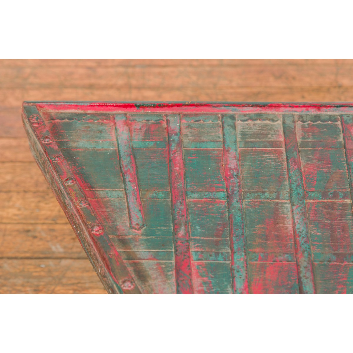 Rustic Red and Green Coffee Table with Trapezoidal Top and Iron Stretchers-11. Asian & Chinese Furniture, Art, Antiques, Vintage Home Décor for sale at FEA Home