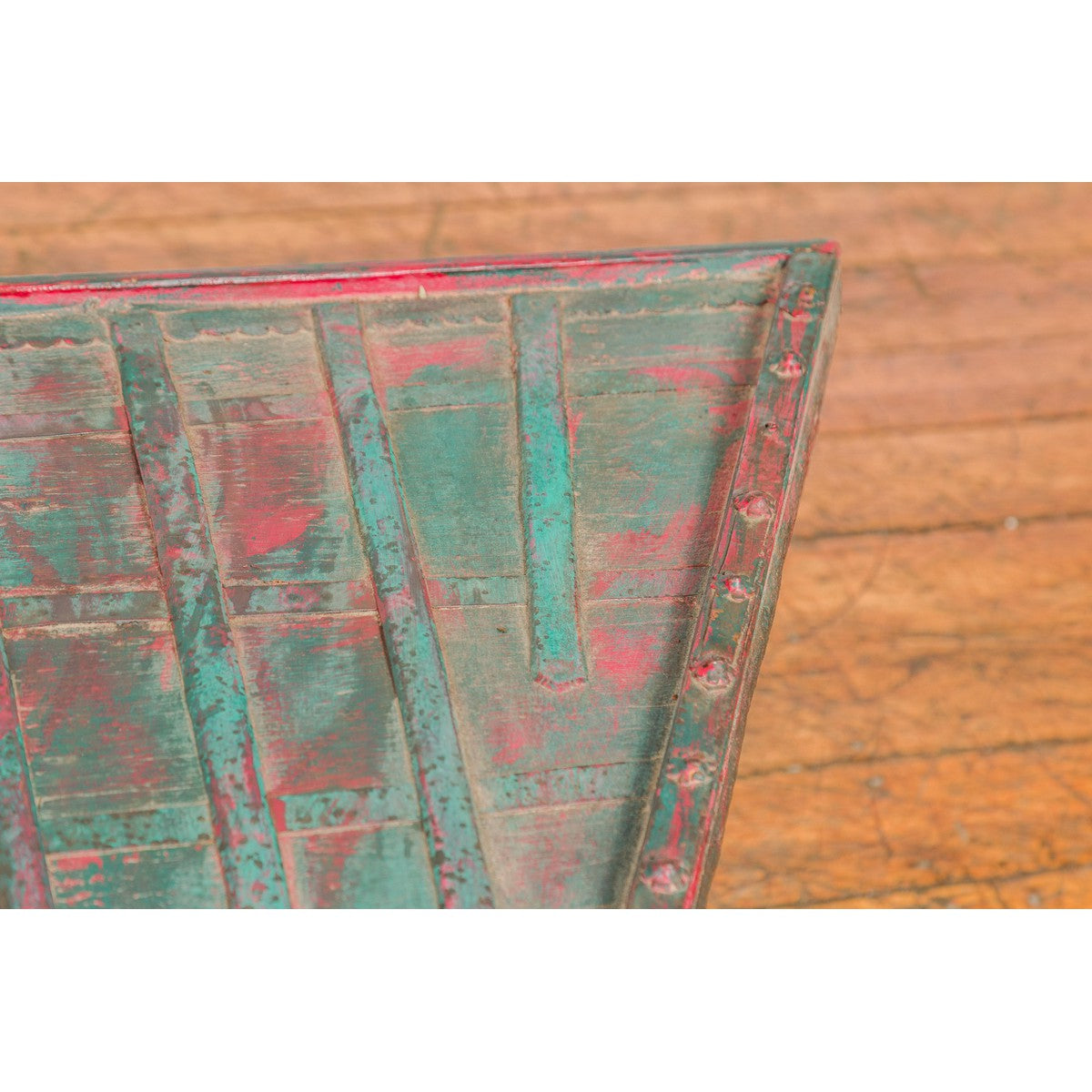 Rustic Red and Green Coffee Table with Trapezoidal Top and Iron Stretchers-12. Asian & Chinese Furniture, Art, Antiques, Vintage Home Décor for sale at FEA Home