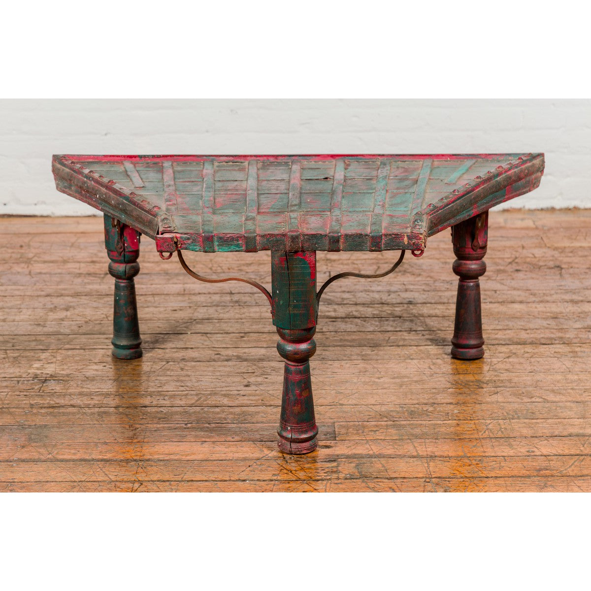 Rustic Red and Green Coffee Table with Trapezoidal Top and Iron Stretchers-13. Asian & Chinese Furniture, Art, Antiques, Vintage Home Décor for sale at FEA Home