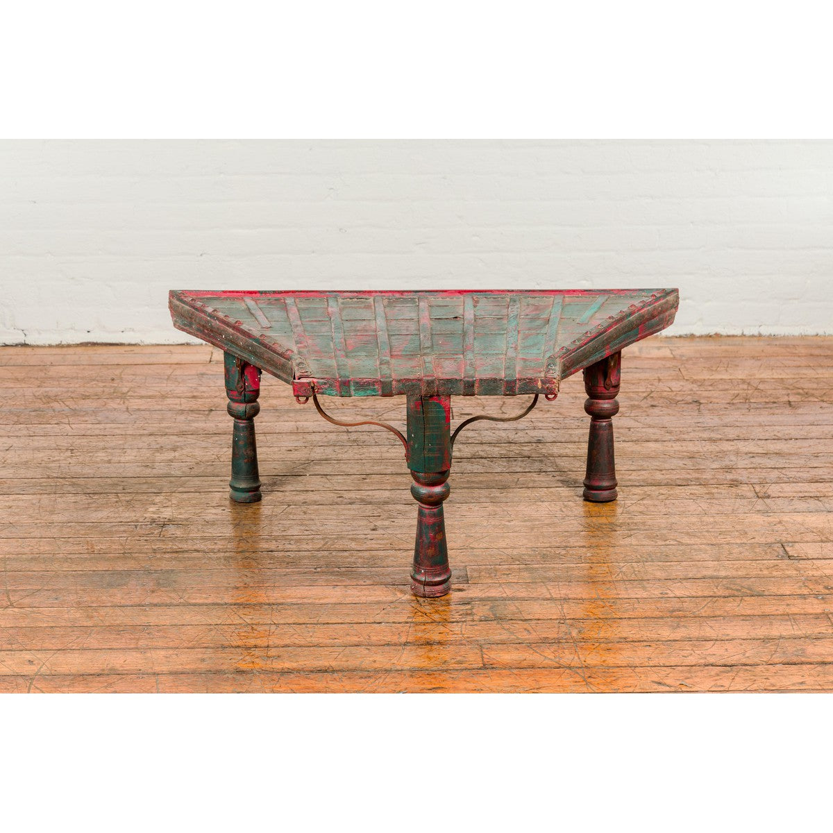 Rustic Red and Green Coffee Table with Trapezoidal Top and Iron Stretchers-14. Asian & Chinese Furniture, Art, Antiques, Vintage Home Décor for sale at FEA Home