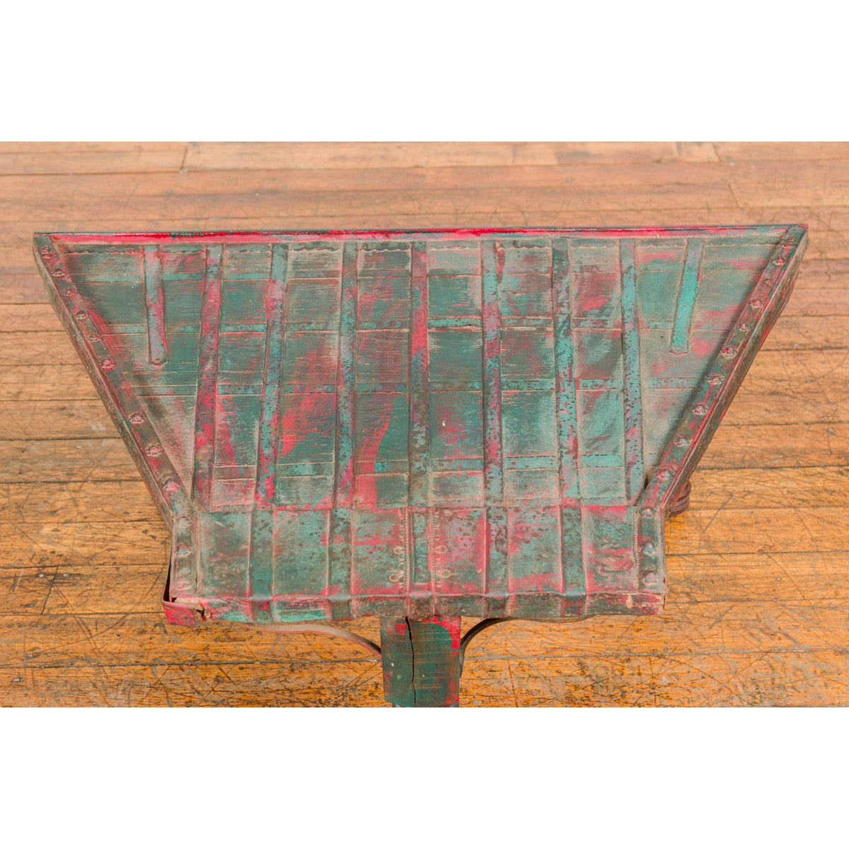 Rustic Red and Green Coffee Table with Trapezoidal Top and Iron Stretchers-15. Asian & Chinese Furniture, Art, Antiques, Vintage Home Décor for sale at FEA Home