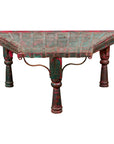 Rustic Red and Green Coffee Table with Trapezoidal Top and Iron Stretchers-1. Asian & Chinese Furniture, Art, Antiques, Vintage Home Décor for sale at FEA Home