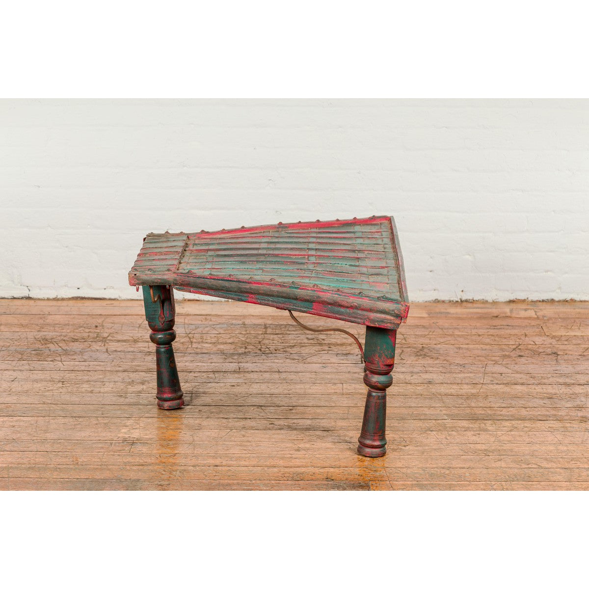Rustic Red and Green Coffee Table with Trapezoidal Top and Iron Stretchers-2. Asian & Chinese Furniture, Art, Antiques, Vintage Home Décor for sale at FEA Home