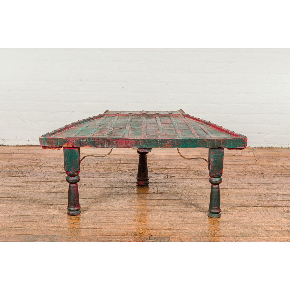 Rustic Red and Green Coffee Table with Trapezoidal Top and Iron Stretchers-3. Asian & Chinese Furniture, Art, Antiques, Vintage Home Décor for sale at FEA Home