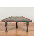 Rustic Red and Green Coffee Table with Trapezoidal Top and Iron Stretchers-3. Asian & Chinese Furniture, Art, Antiques, Vintage Home Décor for sale at FEA Home