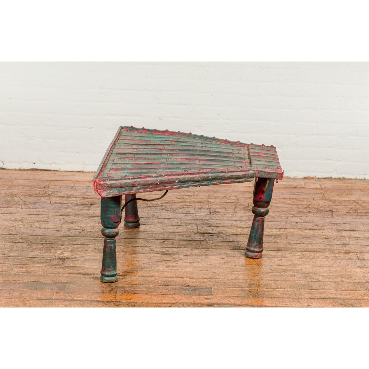 Rustic Red and Green Coffee Table with Trapezoidal Top and Iron Stretchers-4. Asian & Chinese Furniture, Art, Antiques, Vintage Home Décor for sale at FEA Home