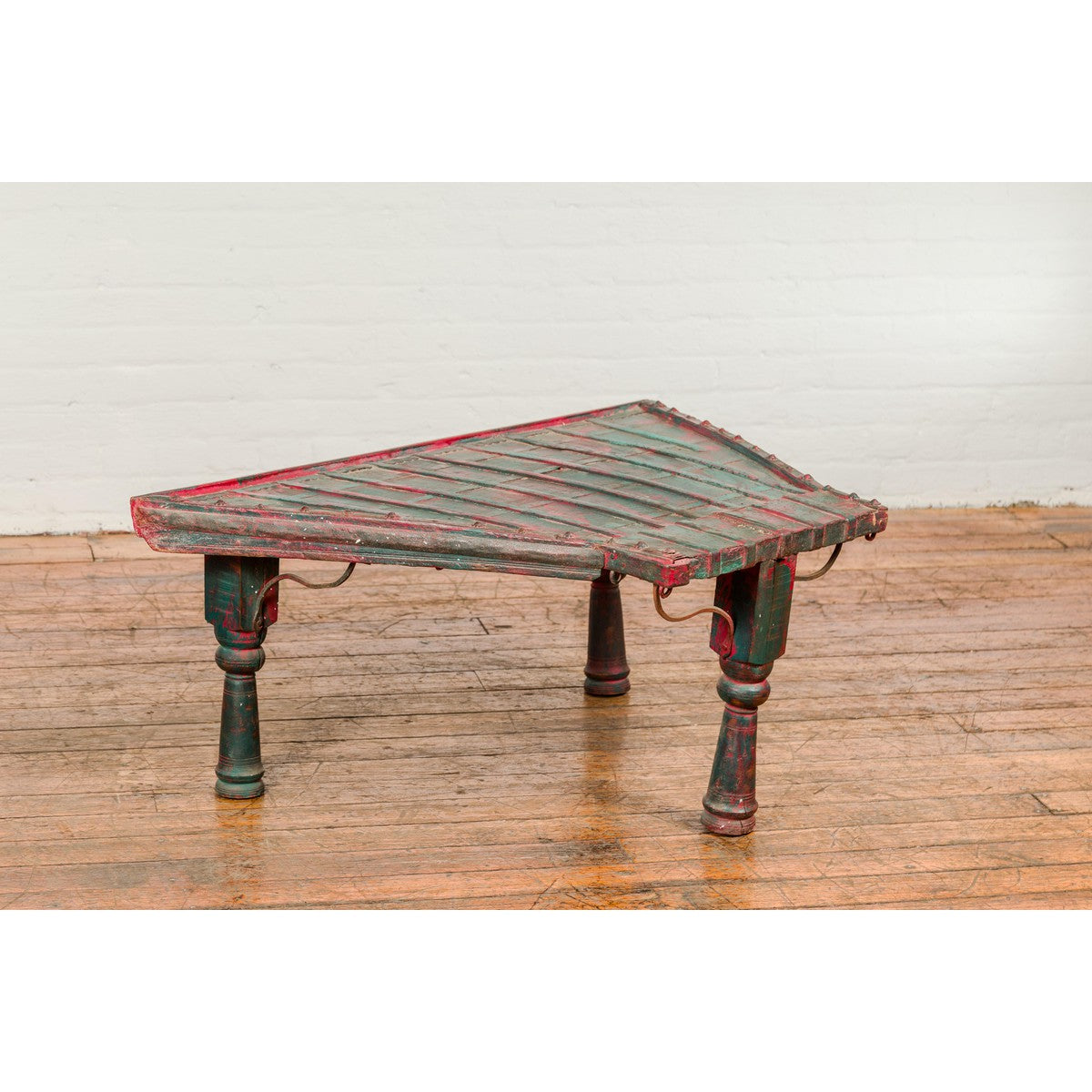 Rustic Red and Green Coffee Table with Trapezoidal Top and Iron Stretchers-5. Asian & Chinese Furniture, Art, Antiques, Vintage Home Décor for sale at FEA Home
