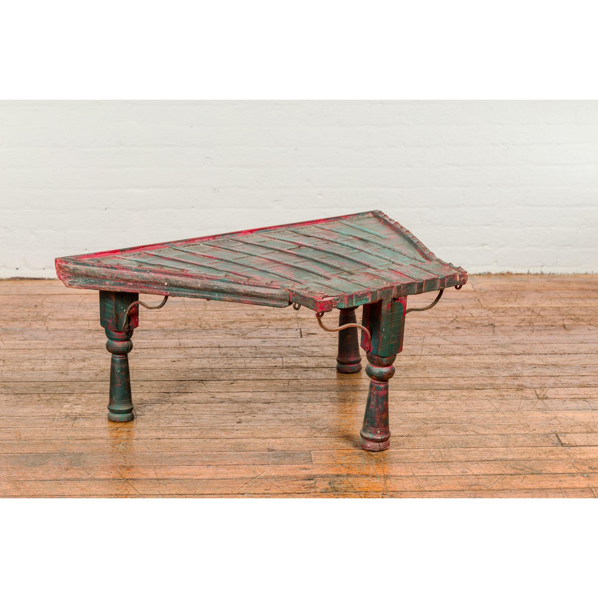 Rustic Red and Green Coffee Table with Trapezoidal Top and Iron Stretchers-6. Asian & Chinese Furniture, Art, Antiques, Vintage Home Décor for sale at FEA Home