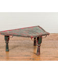 Rustic Red and Green Coffee Table with Trapezoidal Top and Iron Stretchers-6. Asian & Chinese Furniture, Art, Antiques, Vintage Home Décor for sale at FEA Home