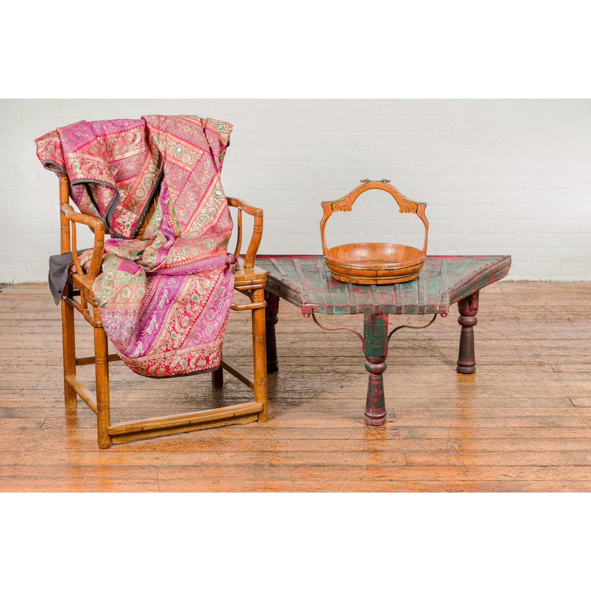 Rustic Red and Green Coffee Table with Trapezoidal Top and Iron Stretchers-7. Asian & Chinese Furniture, Art, Antiques, Vintage Home Décor for sale at FEA Home