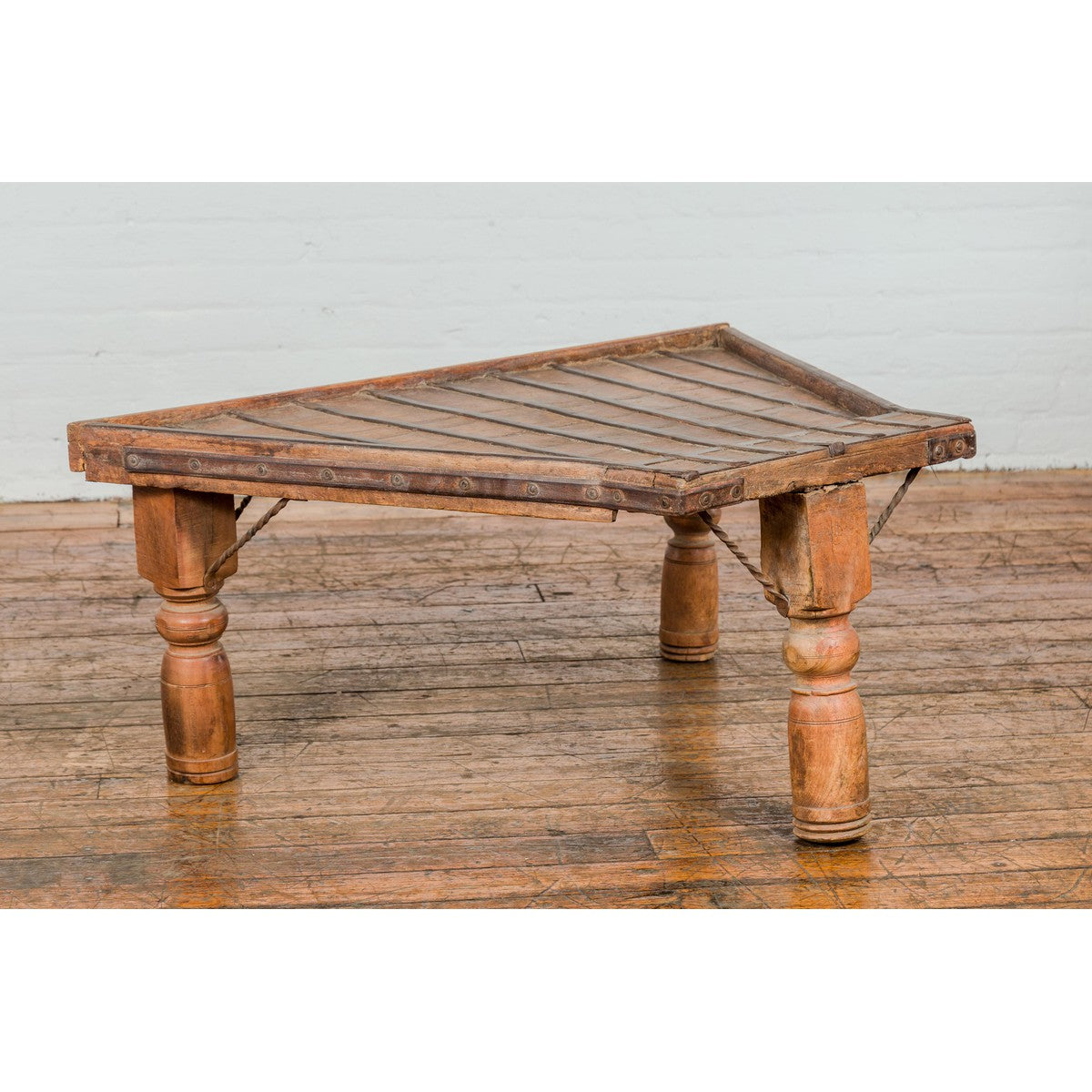 19th Century Bullock Cart Rustic Coffee Table with Twisted Iron Stretchers-13. Asian & Chinese Furniture, Art, Antiques, Vintage Home Décor for sale at FEA Home