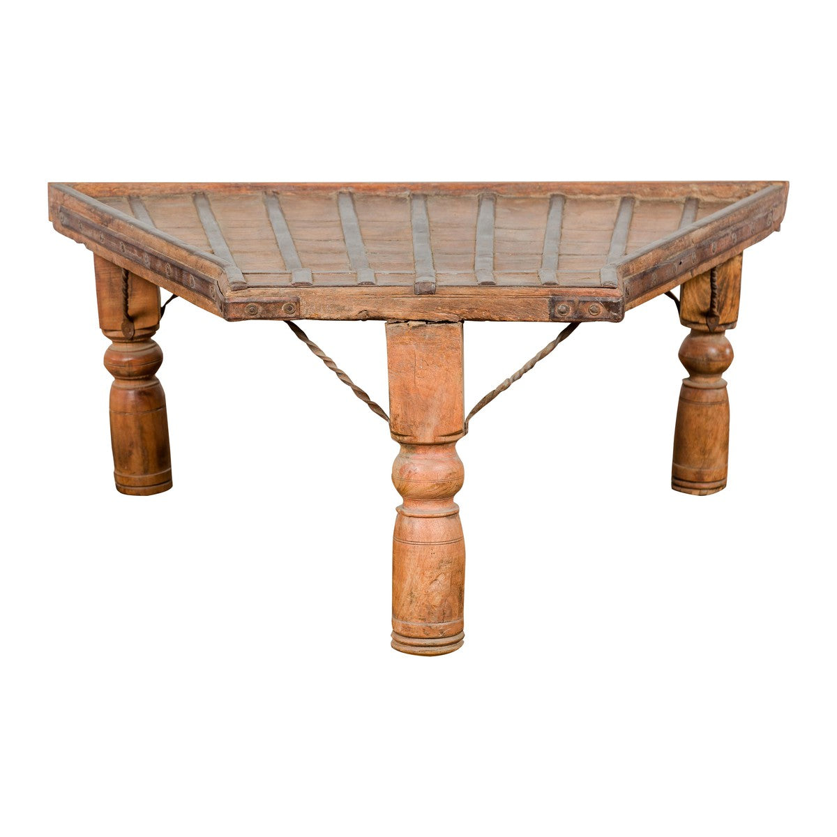 19th Century Bullock Cart Rustic Coffee Table with Twisted Iron Stretchers-17. Asian & Chinese Furniture, Art, Antiques, Vintage Home Décor for sale at FEA Home
