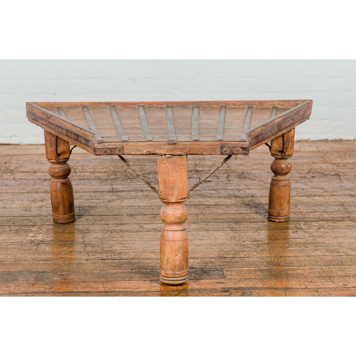 19th Century Bullock Cart Rustic Coffee Table with Twisted Iron Stretchers-3. Asian & Chinese Furniture, Art, Antiques, Vintage Home Décor for sale at FEA Home