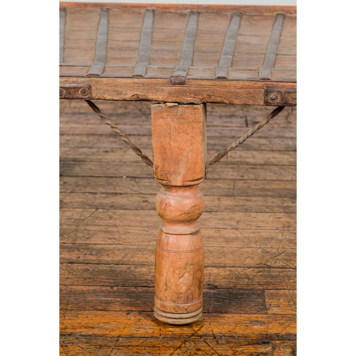 19th Century Bullock Cart Rustic Coffee Table with Twisted Iron Stretchers-8. Asian & Chinese Furniture, Art, Antiques, Vintage Home Décor for sale at FEA Home
