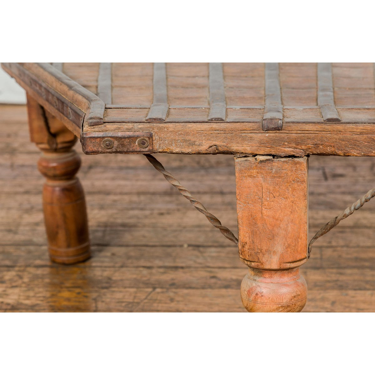 19th Century Bullock Cart Rustic Coffee Table with Twisted Iron Stretchers-9. Asian & Chinese Furniture, Art, Antiques, Vintage Home Décor for sale at FEA Home