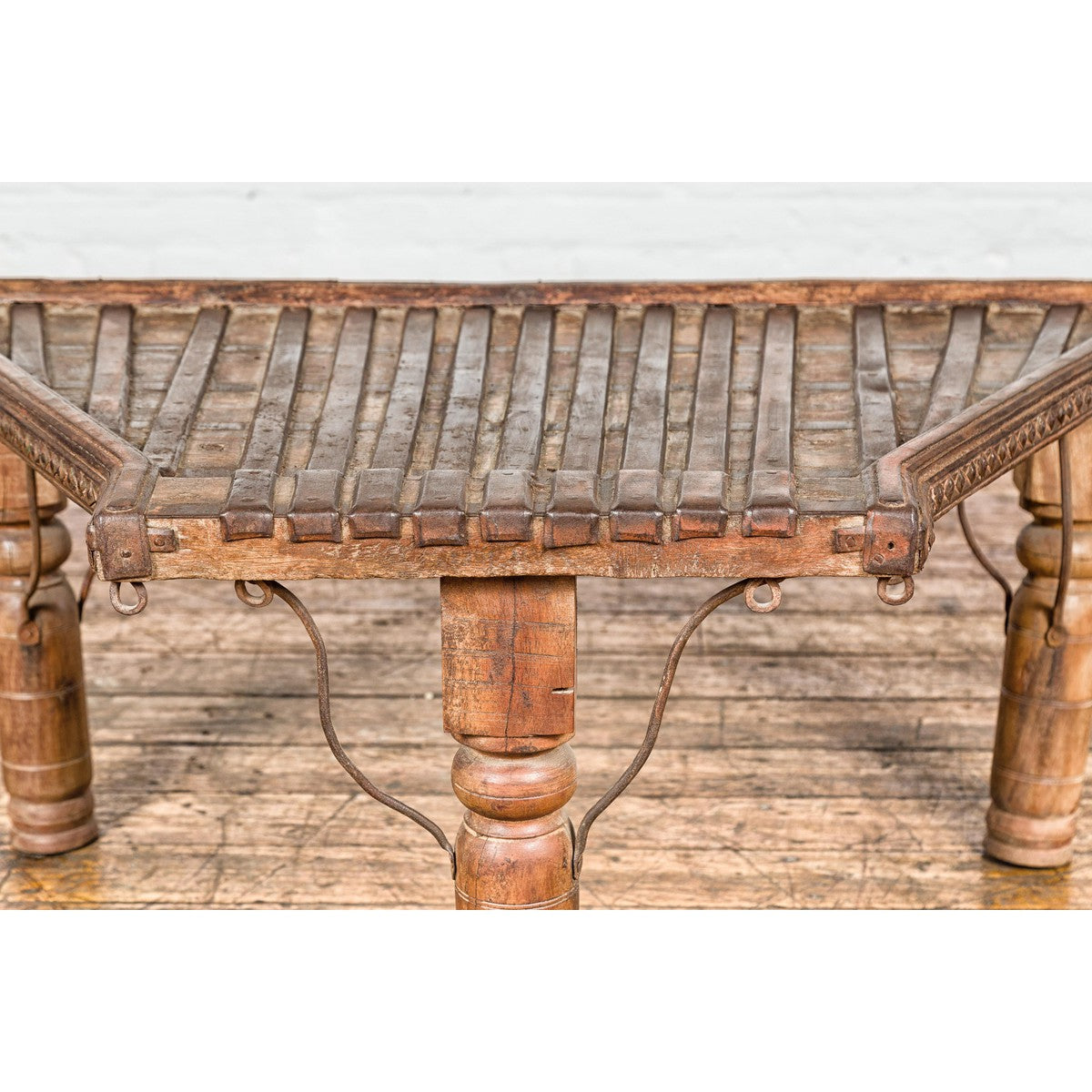 Bullock Cart Rustic Coffee Table with Twisted Iron Stretchers, 19th Century-4. Asian & Chinese Furniture, Art, Antiques, Vintage Home Décor for sale at FEA Home