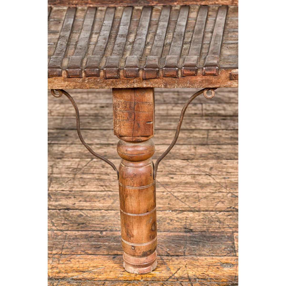 Bullock Cart Rustic Coffee Table with Twisted Iron Stretchers, 19th Century-5. Asian & Chinese Furniture, Art, Antiques, Vintage Home Décor for sale at FEA Home