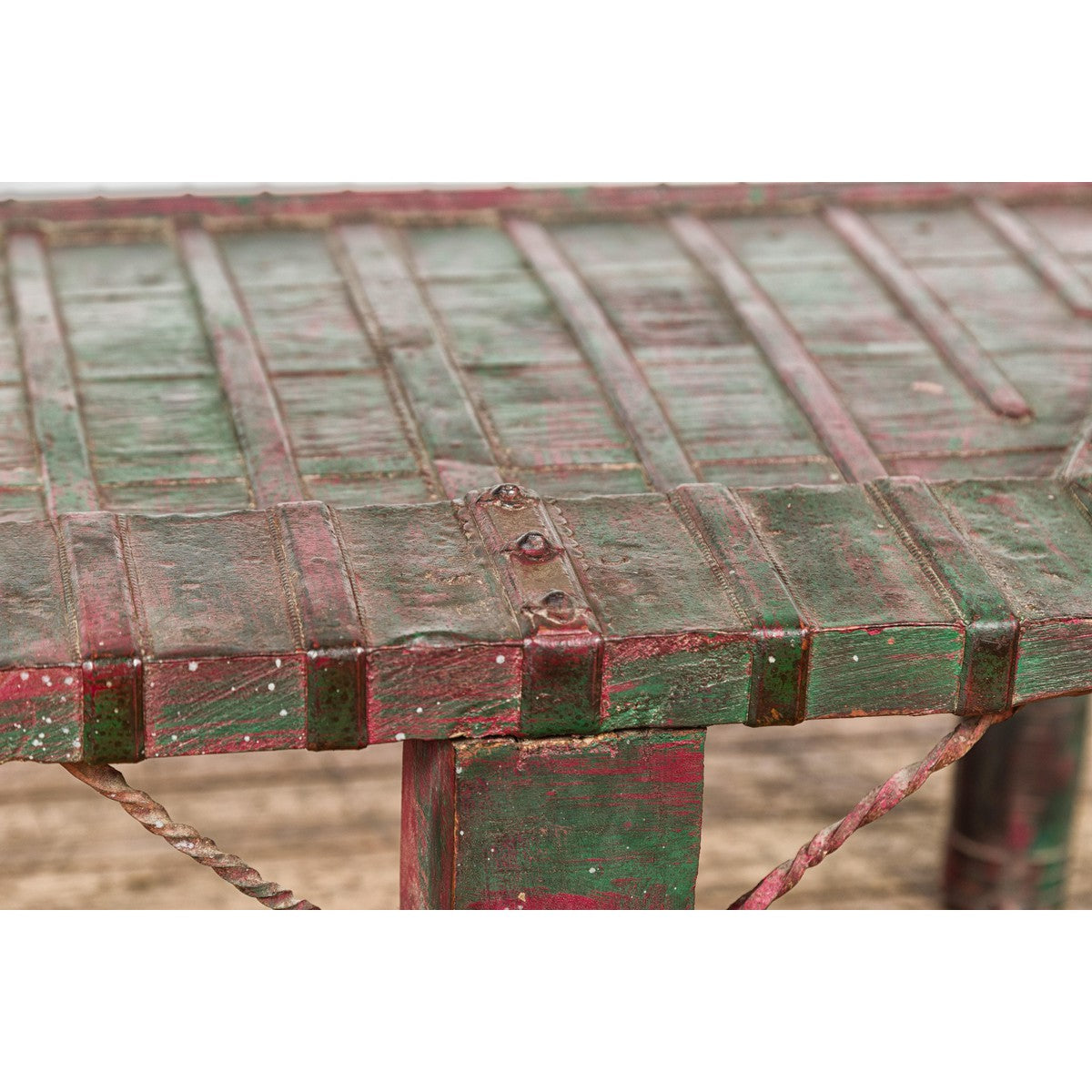 Rustic Coffee Table with Red and Green Lacquer, Turned Baluster Legs and Iron-12. Asian & Chinese Furniture, Art, Antiques, Vintage Home Décor for sale at FEA Home