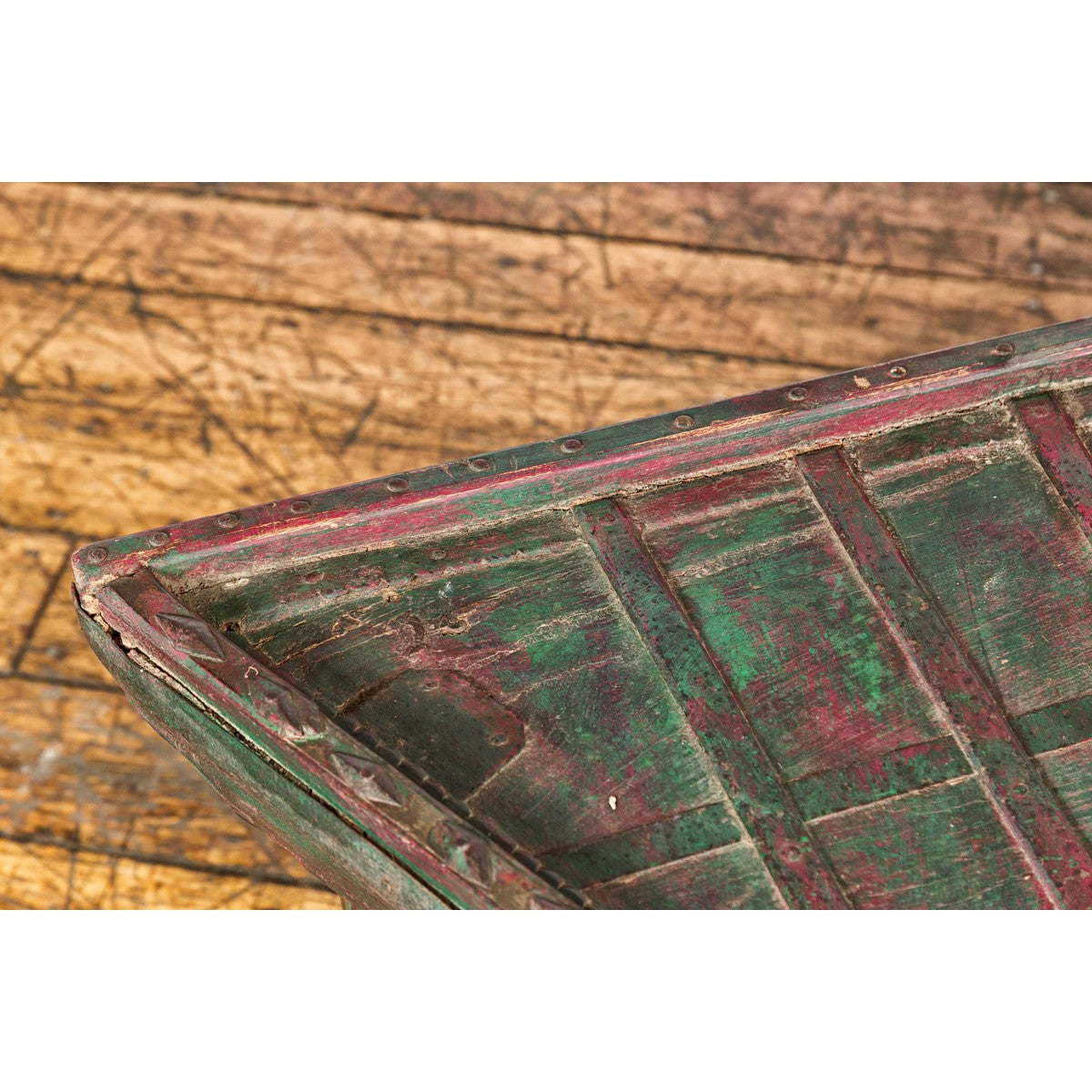 Rustic Coffee Table with Red and Green Lacquer, Turned Baluster Legs and Iron-14. Asian & Chinese Furniture, Art, Antiques, Vintage Home Décor for sale at FEA Home