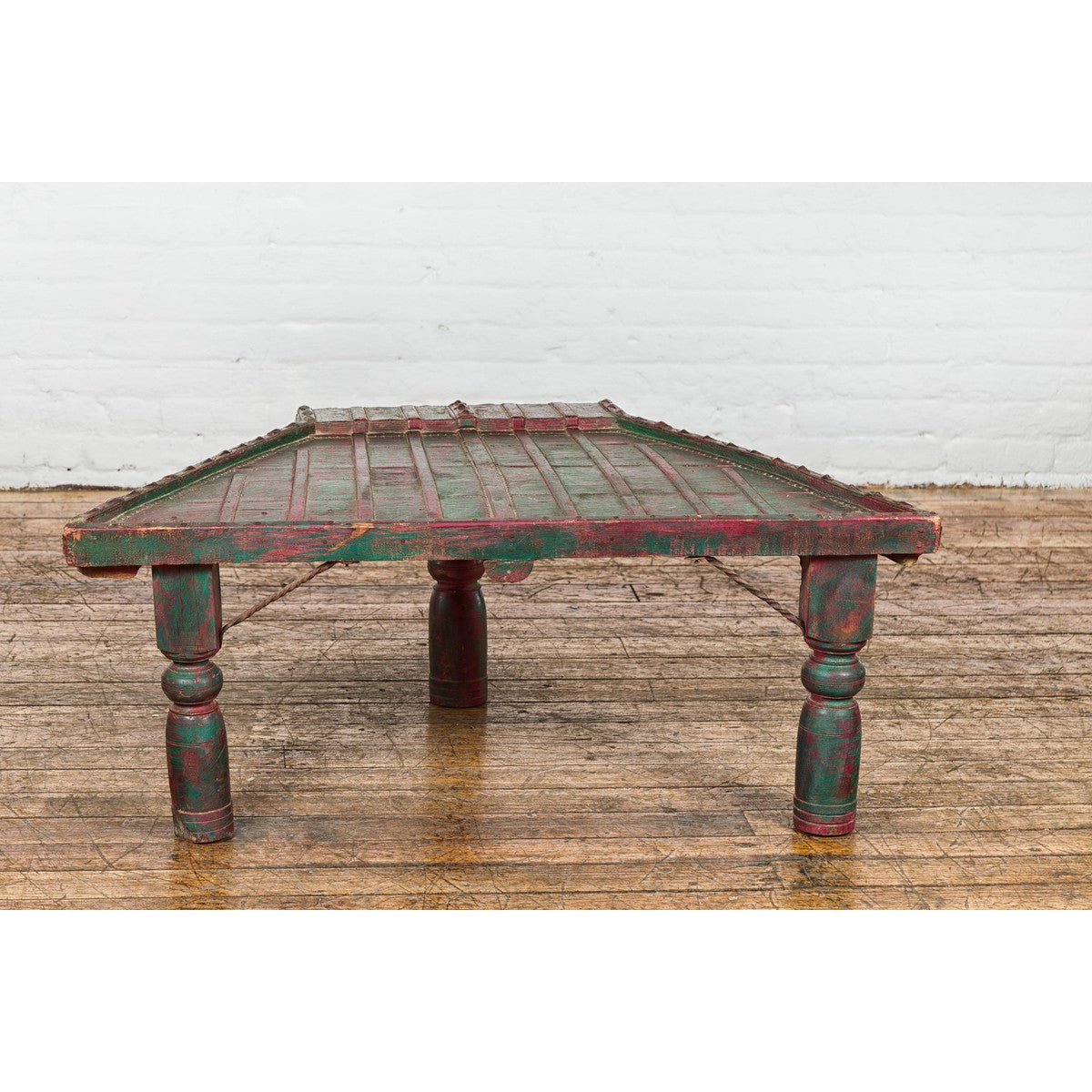 Rustic Coffee Table with Red and Green Lacquer, Turned Baluster Legs and Iron-16. Asian & Chinese Furniture, Art, Antiques, Vintage Home Décor for sale at FEA Home