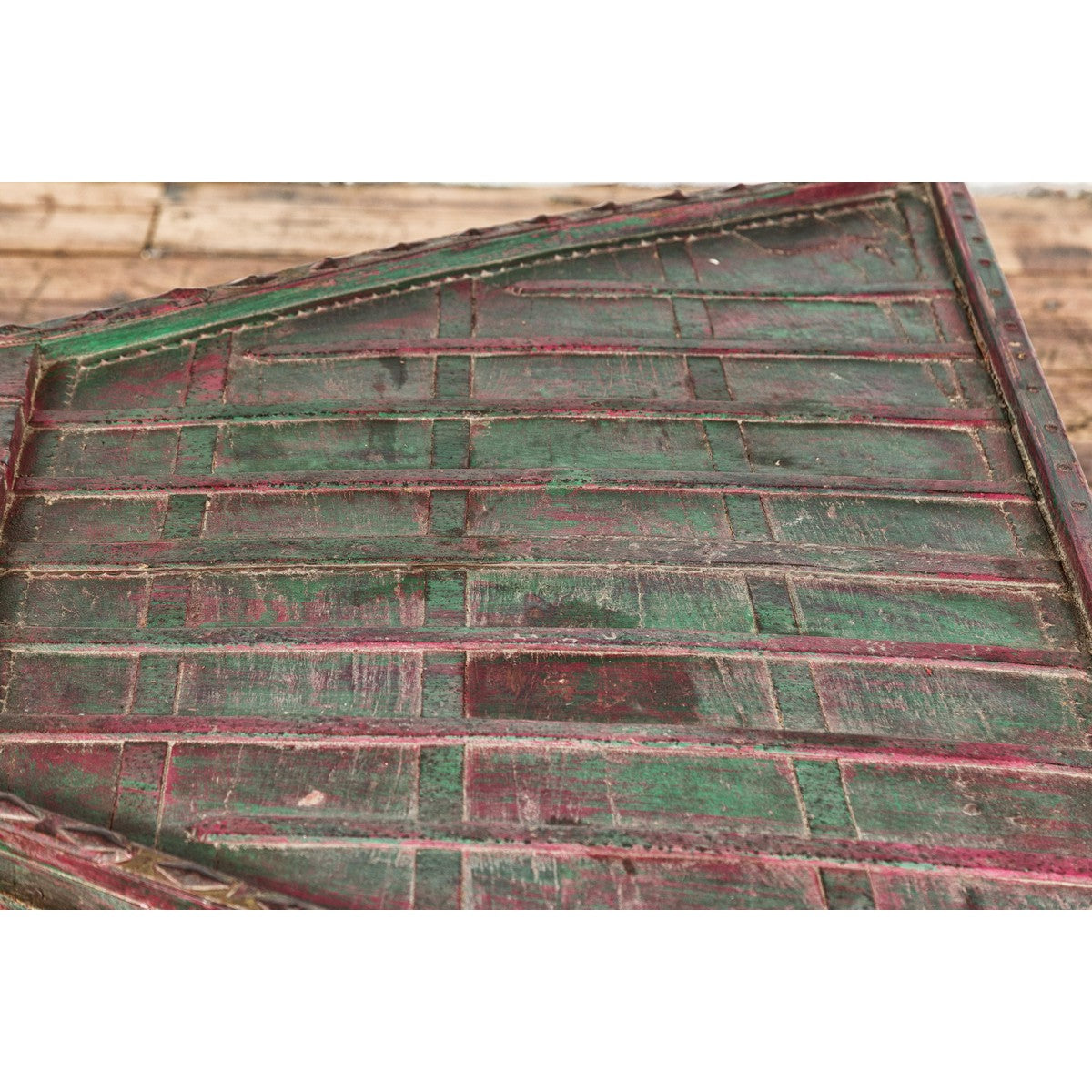 Rustic Coffee Table with Red and Green Lacquer, Turned Baluster Legs and Iron-18. Asian & Chinese Furniture, Art, Antiques, Vintage Home Décor for sale at FEA Home