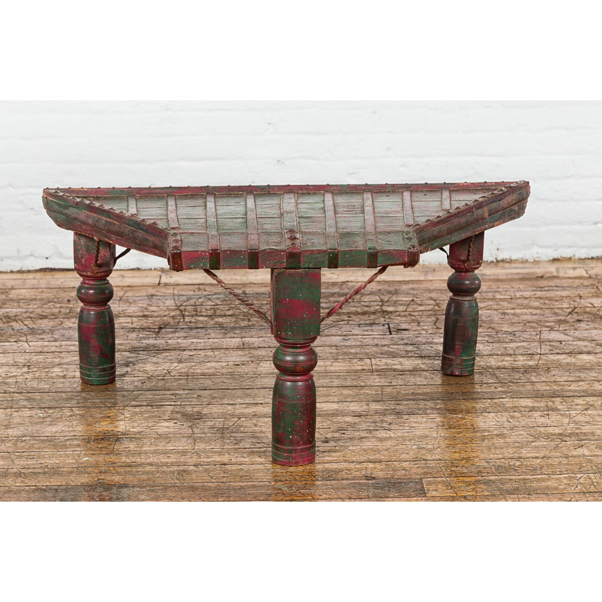 Rustic Coffee Table with Red and Green Lacquer, Turned Baluster Legs and Iron-3. Asian & Chinese Furniture, Art, Antiques, Vintage Home Décor for sale at FEA Home