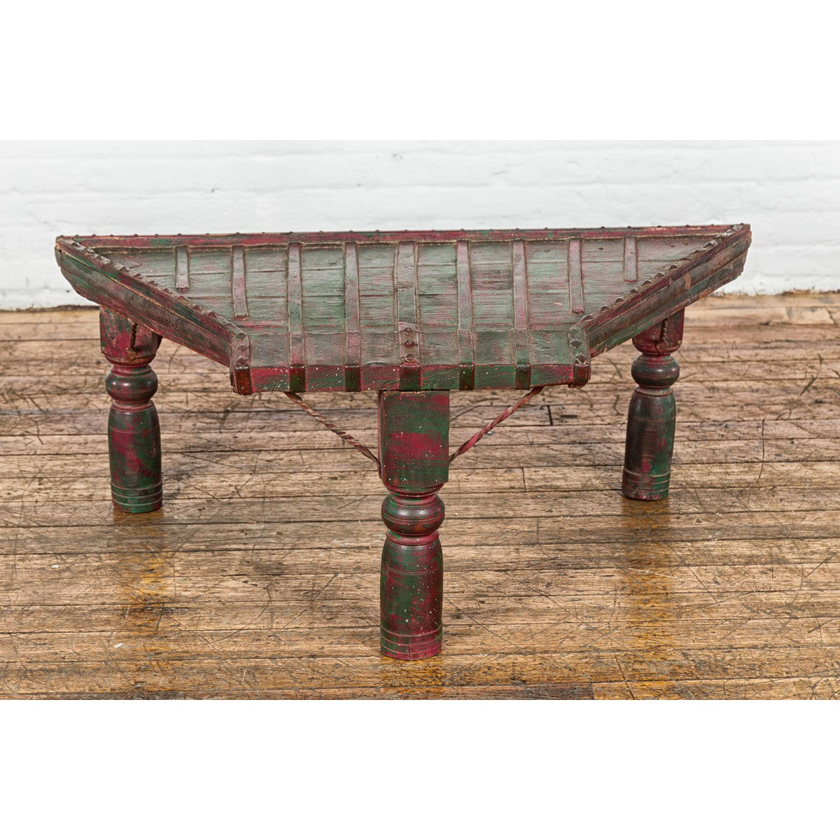 Rustic Coffee Table with Red and Green Lacquer, Turned Baluster Legs and Iron-4. Asian & Chinese Furniture, Art, Antiques, Vintage Home Décor for sale at FEA Home