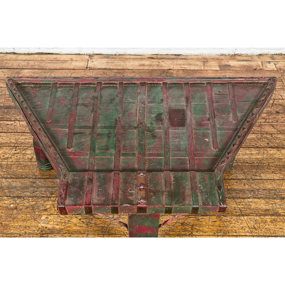 Rustic Coffee Table with Red and Green Lacquer, Turned Baluster Legs and Iron-5. Asian & Chinese Furniture, Art, Antiques, Vintage Home Décor for sale at FEA Home