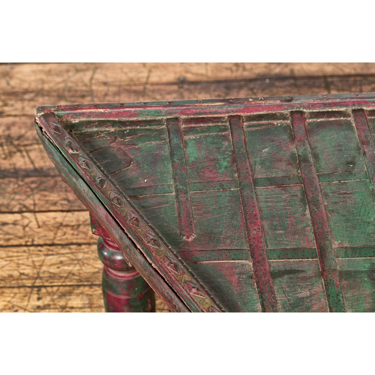 Rustic Coffee Table with Red and Green Lacquer, Turned Baluster Legs and Iron-6. Asian & Chinese Furniture, Art, Antiques, Vintage Home Décor for sale at FEA Home