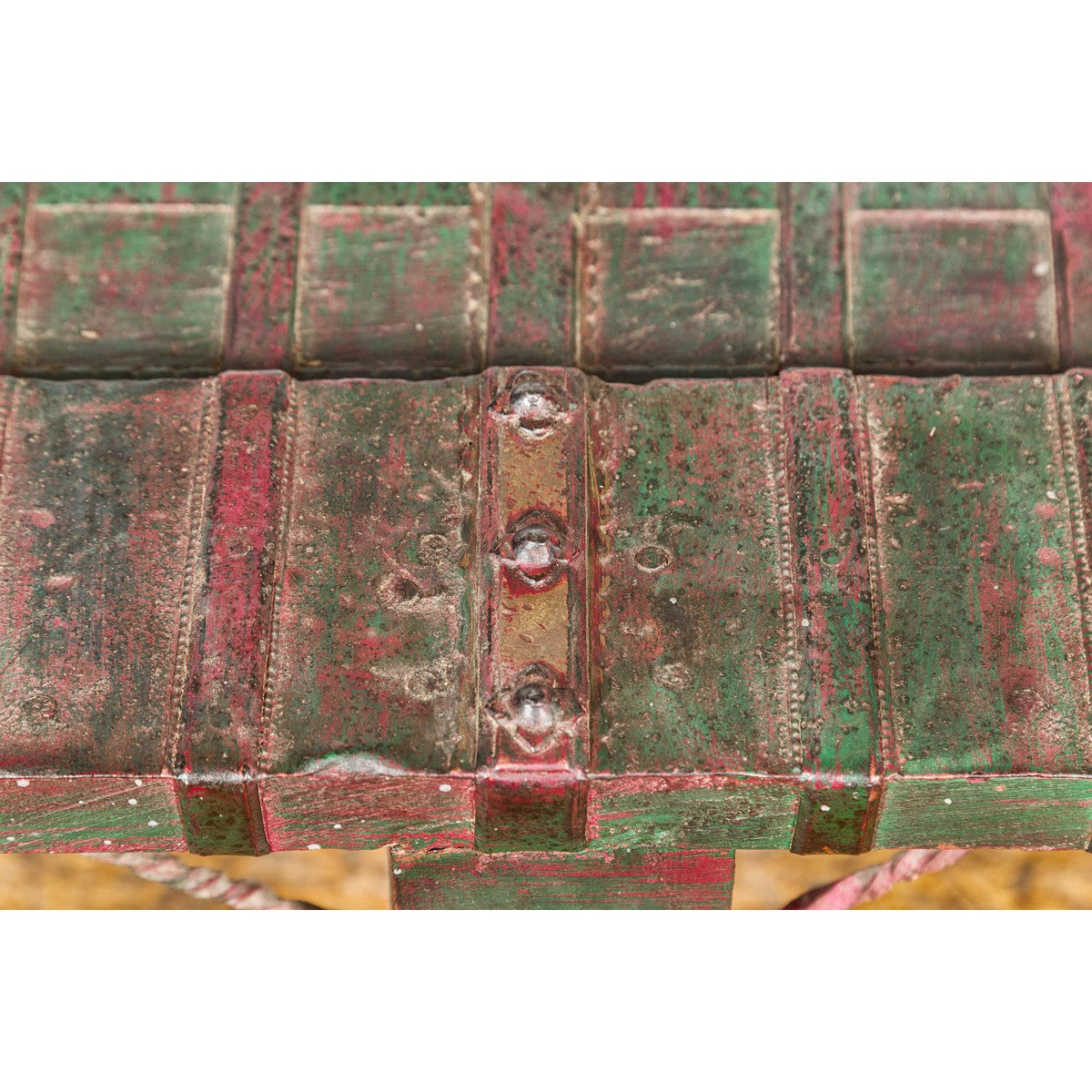 Rustic Coffee Table with Red and Green Lacquer, Turned Baluster Legs and Iron-9. Asian & Chinese Furniture, Art, Antiques, Vintage Home Décor for sale at FEA Home