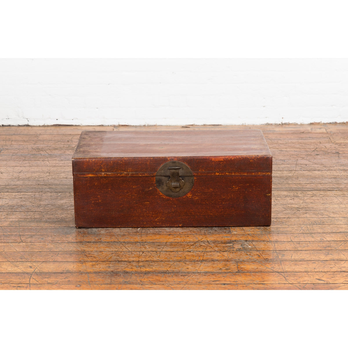 Chinese 19th Century Qing Dynasty Red Painted Paper Bound Trunk with Brass Lock-10. Asian & Chinese Furniture, Art, Antiques, Vintage Home Décor for sale at FEA Home