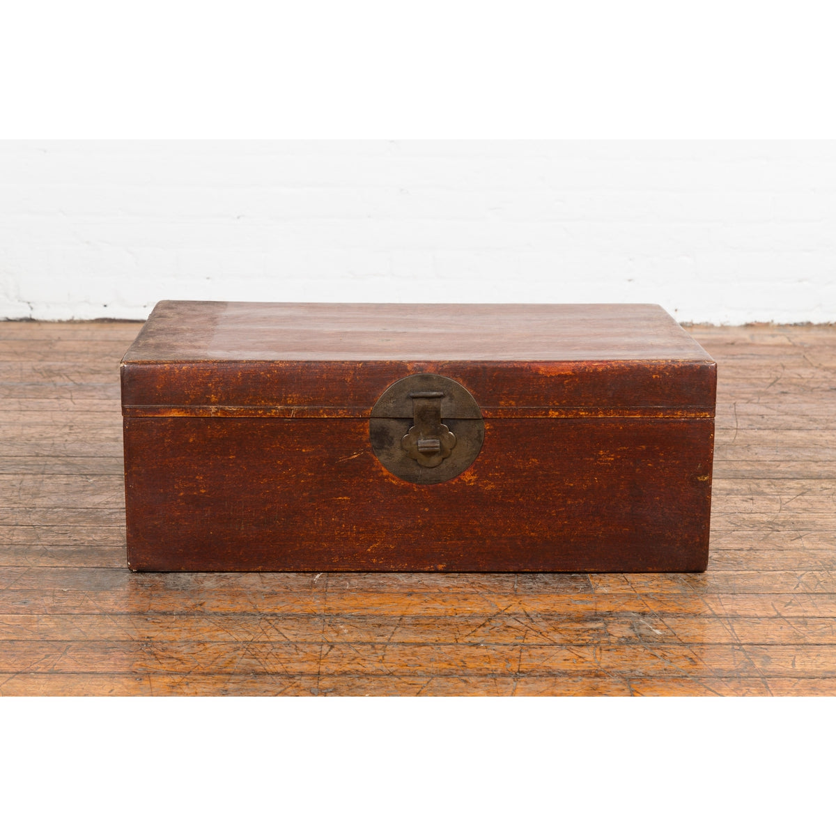 Chinese 19th Century Qing Dynasty Red Painted Paper Bound Trunk with Brass Lock-11. Asian & Chinese Furniture, Art, Antiques, Vintage Home Décor for sale at FEA Home