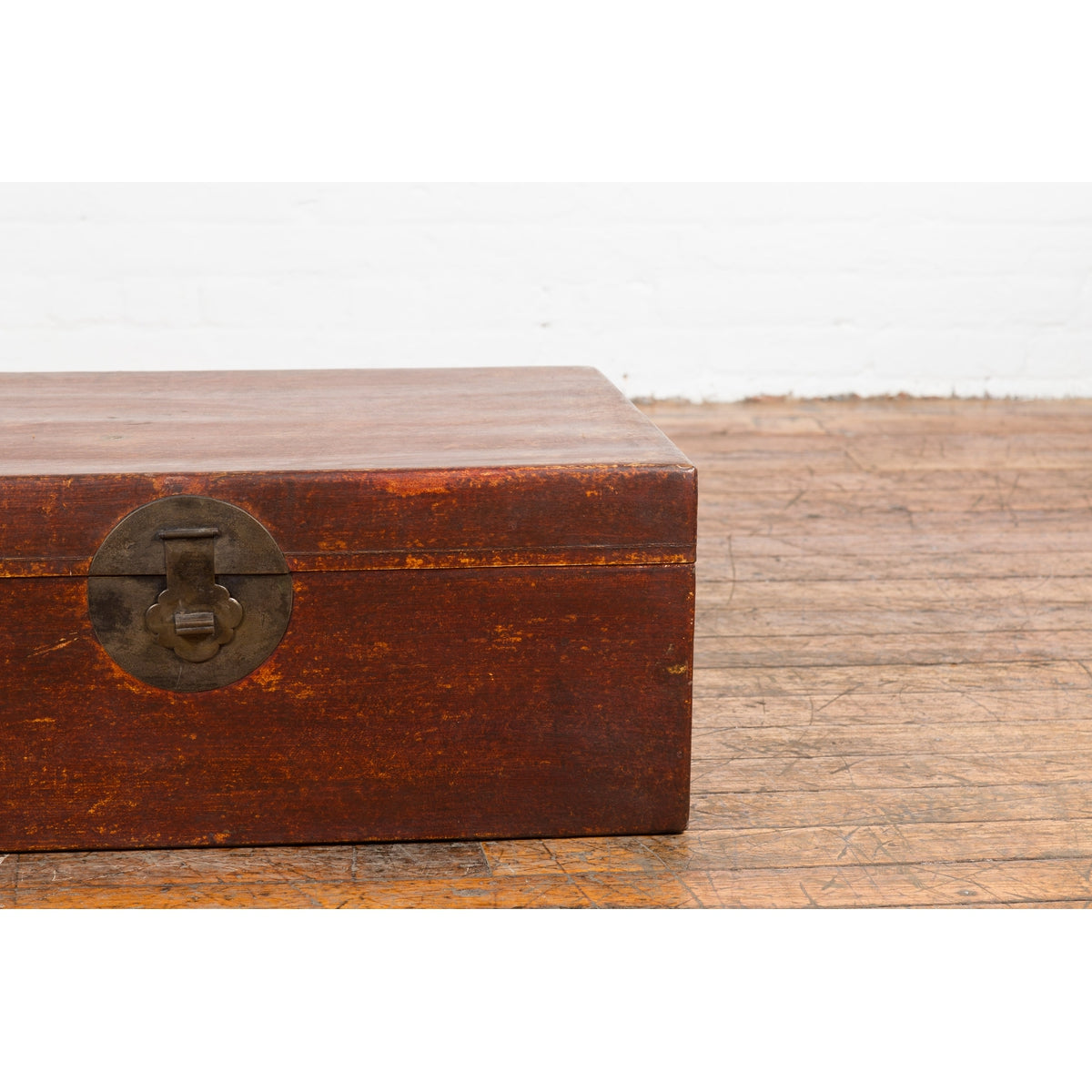 Chinese 19th Century Qing Dynasty Red Painted Paper Bound Trunk with Brass Lock-13. Asian & Chinese Furniture, Art, Antiques, Vintage Home Décor for sale at FEA Home